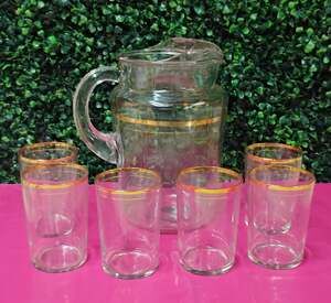 Vintage Mid-Century Modern Clear Glass Gold Band Pitcher with 6 Matching Tumbler